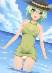 Rule 34 | &gt;:d, 1girl, :d, alternate costume, backless outfit, black hat, blue sky, bowler hat, breasts, cleavage cutout, clothing cutout, cloud, covered navel, day, dutch angle, green eyes, green hair, green sweater, hair between eyes, hat, hat ribbon, heart cutout, horizon, komeiji koishi, looking at viewer, medium breasts, meme attire, no pants, ocean, open mouth, outdoors, panties, pantyshot, repoi, ribbon, short hair, sideboob, sky, sleeveless, sleeveless turtleneck, smile, solo, standing, sweater, tareme, thighs, touhou, turtleneck, turtleneck sweater, underwear, v-shaped eyebrows, virgin killer sweater, wading, water, yellow ribbon