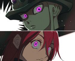 Rule 34 | 1boy, 1girl, black background, brother and sister, close-up, closed mouth, colored eyelashes, colored skin, freckles, frown, green skin, hunter x hunter, kite (chimera ant), long hair, looking at viewer, meruem, monster boy, pink eyes, portrait, red hair, saiko67, siblings, split screen, spoilers, white background