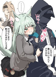 Rule 34 | 1other, 2girls, animal ear fluff, animal ears, arknights, black coat, black hairband, black skirt, blush, breast press, breasts, coat, commentary request, doctor (arknights), dress, green eyes, green hair, grin, hairband, harmonie (arknights), highres, hood, hood up, hooded coat, horn (arknights), large breasts, light brown hair, long hair, long sleeves, medium breasts, multiple girls, pleated dress, pleated skirt, satsuki neko, simple background, skirt, smile, speech bubble, sweat, tail, translation request, white background