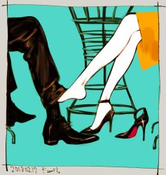 Rule 34 | 1boy, 1girl, alexander (veil), barefoot, black footwear, black pants, black socks, blue background, commentary, crossed legs, dated, emma (veil), feet, high heels, kotteri, legs, pants, rectangle, shoes, sitting, skirt, socks, strappy heels, symbol-only commentary, veil (manga), yellow skirt