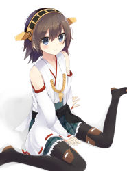 Rule 34 | 10s, 1girl, black pantyhose, blue eyes, brown hair, frilled skirt, frills, hairband, hiei (kancolle), huuyu (1z), huuyu 1z, kantai collection, nontraditional miko, pantyhose, plaid, plaid skirt, ribbon-trimmed sleeves, ribbon trim, short hair, sitting, skirt, smile, solo, thighhighs