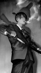 Rule 34 | 1boy, buttoned cuffs, buttons, chainsaw man, cigarette, collared shirt, cowboy shot, different shadow, drawing sword, dress shirt, earrings, formal, gradient background, grey background, greyscale, hands up, hayakawa aki, high ponytail, highres, holding, holding sword, holding weapon, jewelry, katana, long sleeves, looking at viewer, male focus, monochrome, necktie, parted lips, ponytail, scabbard, seki (fyfyfy), shadow, sheath, shirt, short hair, simple background, smoke, smoking, solo, spoilers, standing, stud earrings, suit, sword, unsheathing, weapon