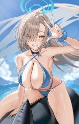 Rule 34 | 1girl, absurdres, asuna (blue archive), bare arms, bare legs, bare shoulders, bikini, blue archive, blue bikini, blue eyes, blue halo, blue nails, blue ribbon, blue scrunchie, blush, breasts, cleavage, collarbone, day, fingernails, grin, hair over one eye, hair ribbon, halo, highres, large breasts, light brown hair, long hair, looking at viewer, nail polish, ojisan kamo shiremasen, outdoors, ribbon, scrunchie, sitting, smile, solo, swimsuit, wrist scrunchie