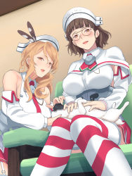 Rule 34 | 2girls, anchor, armor, beige background, blunt bangs, brown eyes, brown hair, capelet, couch, detached sleeves, dog, eyewear strap, garter straps, glasses, headdress, highres, italian flag, italy, kantai collection, littorio (kancolle), long hair, multiple girls, necktie, pince-nez, pleated skirt, ponytail, puppy, roma (kancolle), shingyou (alexander-13), shirt, sitting, skirt, sleeveless, sleeveless shirt, thighhighs, wavy hair