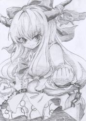 Rule 34 | 1girl, belt, bow, chain, clenched hands, dokumannju, graphite (medium), grey background, greyscale, hair bow, highres, horn ornament, horn ribbon, horns, ibuki suika, long hair, looking at viewer, low-tied long hair, monochrome, pyramid (geometry), ribbon, shirt, sidelocks, simple background, sketch, skirt, sleeveless, sleeveless shirt, smile, solo, touhou, traditional media