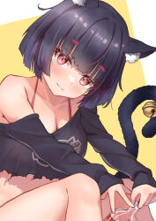 Rule 34 | 1girl, absurdres, animal ears, ass, azur lane, bare shoulders, bell, belt, black hair, black shirt, black shorts, blunt bangs, breasts, cat ears, cat girl, cat tail, classic (zildjian33), cleavage, cola, collarbone, commentary request, denim, denim shorts, eyes visible through hair, head tilt, highres, long sleeves, looking at viewer, medium breasts, midriff, official alternate costume, panties, panty peek, red eyes, revision, shirt, short hair, short shorts, shorts, sidelocks, simple background, sitting, smile, soda bottle, solo, spaghetti strap, tail, tail bell, tail ornament, thick eyebrows, two-tone background, underwear, yamashiro (azur lane), yamashiro (vacation offensive!) (azur lane)