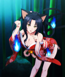 Rule 34 | 1girl, absurdres, animal ears, bare shoulders, bent over, black hair, black panties, breasts, cat ears, cat girl, cat tail, cleavage, female focus, hair rings, high school dxd, highres, japanese clothes, kuroka (high school dxd), large breasts, looking at viewer, multiple tails, official art, panties, paw pose, slit pupils, solo, tail, tongue, tongue out, underwear, yellow eyes