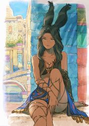 Rule 34 | 1girl, animal ears, warrior of light (ff14), bikini, bikini top only, black bikini, black hair, blue sarong, breasts, brown eyes, cleavage, colorful, commentary, dark-skinned female, dark skin, day, expressionless, eyelashes, feet out of frame, final fantasy, final fantasy xiv, highres, jewelry, knee up, kuroimori, long hair, looking at viewer, medium breasts, nail polish, necklace, outdoors, parted bangs, parted lips, rabbit ears, red nails, sarong, signature, sitting, solo, swimsuit, viera