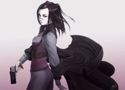 Rule 34 | 1girl, absurdres, black hair, blue eyes, breasts, closed mouth, ergo proxy, eyeshadow, gun, highres, jkataishi, jkataishi22, long hair, looking at viewer, makeup, pale skin, re-l mayer, simple background, solo, weapon