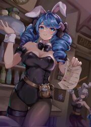 Rule 34 | 2girls, alternate costume, animal, animal ears, bare shoulders, battle bunny riven, black bow, black bowtie, black leotard, blue hair, bow, bowtie, breasts, brown pantyhose, cat, cleavage, covered navel, cowboy shot, detached collar, drill hair, fake animal ears, grey hair, gwen (league of legends), highres, holding, holding bill, holding plate, holding tray, holding weapon, kureko0w0, large breasts, league of legends, leotard, multiple girls, mushroom, official alternate costume, pantyhose, plate, poppy (league of legends), pouch, rabbit ears, riven (league of legends), short hair, tray, twin drills, twintails, weapon, wrist cuffs, yuumi (league of legends)