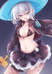 Rule 34 | 1girl, :d, absurdres, azur lane, black bra, black gloves, black jacket, black skirt, blue eyes, blue gemstone, blush, bra, breasts, cowboy shot, cropped jacket, earrings, finger to mouth, frilled skirt, frills, gem, gloves, hair between eyes, half-closed eyes, hat, highres, hip focus, holding, holding phone, jacket, jade (a good girl&#039;s magic) (azur lane), jade (azur lane), jewelry, leaning forward, leaning to the side, long sleeves, looking at viewer, medium breasts, medium hair, midriff, miniskirt, navel, open clothes, open jacket, open mouth, osatou (soul of sugar), phone, pleated skirt, single fishnet legwear, skirt, skull ornament, small breasts, smile, smug, solo, thighs, underwear, white hair, wide sleeves, witch, witch hat