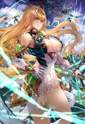 Rule 34 | 1girl, armor, blonde hair, blush, breasts, cleavage, dress, gloves, highres, large breasts, long hair, looking at viewer, mythra (xenoblade), nintendo, signo aaa, smile, solo, xenoblade chronicles (series), xenoblade chronicles 2, xenoblade chronicles (series), xenoblade chronicles 2, yellow eyes
