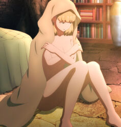 Rule 34 | 1girl, anime screenshot, blonde hair, blue eyes, breasts, cleavage, completely nude, covering breasts, covering privates, elf, highres, interior, kekkon yubiwa monogatari, large breasts, looking to the side, navel, nephrites lomka, nude, on floor, pointy ears, screencap, sheet, sitting, stitched, stomach, third-party edit