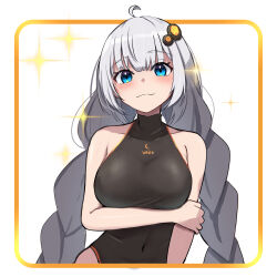 Rule 34 | 1girl, absurdres, ahoge, arm under breasts, bare arms, bare shoulders, black leotard, blue eyes, blush, braid, breasts, closed mouth, covered collarbone, covered navel, english text, grey hair, hair ornament, heattech leotard, highres, kizuna akari, large breasts, leaning forward, leotard, long hair, looking at viewer, nise no tsubo, sleeveless, smile, solo, sparkle, straight-on, turtleneck, twin braids, upper body, very long hair, voiceroid
