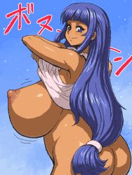 Rule 34 | 1girl, aliasing, blue background, blue eyes, blue hair, blush, bouncing breasts, breasts, clothes lift, cowboy shot, fuutou shizune, gigantic breasts, gradient background, happy, long hair, looking to the side, low-tied long hair, motion lines, nipples, oshioki sweetie, plump, pussy, ribbon, shirt, shirt lift, simple background, sleeveless, sleeveless shirt, smile, solo, standing, tenseiani