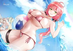 Rule 34 | 3girls, alternate breast size, animal ears, artist name, ball, bare shoulders, beachball, bikini, blonde hair, blush, breasts, fox ears, fox girl, green eyes, hair ornament, hand up, highres, holding, holding ball, hololive, large breasts, long hair, looking at viewer, multiple girls, navel, omaru polka, outdoors, parted lips, pink hair, pixiv username, ponytail, sakura miko, see-through, shiranui flare, side-tie bikini bottom, sideboob, skindentation, smile, solo focus, swimsuit, thigh strap, thighs, tnolize, underboob, virtual youtuber, water