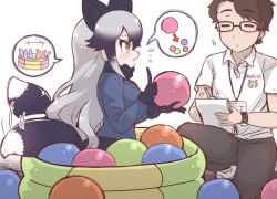 Rule 34 | 1boy, 1girl, afterimage, animal ears, ball, ball pit, black hair, blue gloves, blue jacket, blue neckwear, blue skirt, blush, bow, bowtie, brown hair, collared shirt, commentary request, extra ears, closed eyes, fox ears, fox tail, fur trim, glasses, gloves, gradient hair, grey hair, jacket, japari symbol, kemono friends, kemono friends pavilion, long hair, long sleeves, multicolored hair, name tag, notebook, original, playground equipment (kemono friends pavilion), pleated skirt, shirt, short hair, short sleeves, silver fox (kemono friends), skirt, tail, tail wagging, tanaka kusao, white shirt, writing, yellow eyes