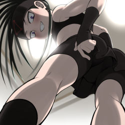 Rule 34 | 1boy, agemono, androgynous, ass, ass focus, bad id, bad pixiv id, black hair, blush, crotch, envy (fma), from below, fullmetal alchemist, grin, long hair, looking at viewer, male focus, purple eyes, red eyes, smile, solo, solo focus