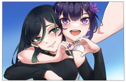 Rule 34 | 2girls, arm around neck, bidortw, black hair, blue background, bra strap, breasts, chinese commentary, commentary request, detached sleeves, flower, gradient background, green eyes, green hair, green nails, hair between eyes, hair flower, hair ornament, heart, heart hands, heart hands duo, highres, kombu (springfish), medium breasts, multicolored hair, multiple girls, nail polish, open mouth, purple eyes, purple hair, purple nails, ribbed sweater, selfie, single detached sleeve, smile, springfish studio, streaked hair, sweater, two-tone hair, xiangyu (springfish)