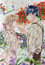 Rule 34 | 1boy, 1girl, absurdres, blonde hair, blue hair, brooch, dress, earrings, eye contact, eyepatch, flower, gilbert bougainvillea, green eyes, hand on another&#039;s chin, hetero, highres, jewelry, looking at another, marinesnow1226, prosthesis, prosthetic hand, scar, scar on face, shirt, standing, suspenders, violet (flower), violet evergarden, violet evergarden (series), white dress, white shirt