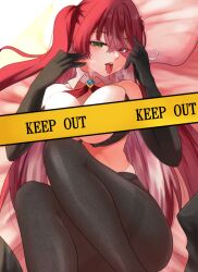 Rule 34 | 1girl, aki sakura, black bra, black gloves, black pantyhose, bra, breasts, caution tape, collar, detached collar, elbow gloves, gloves, hair over one eye, heterochromia, hololive, houshou marine, keep out, large breasts, long hair, looking at viewer, pantyhose, red eyes, red hair, solo, teeth, tongue, tongue out, twintails, underwear, upper teeth only, virtual youtuber, white collar, yellow eyes