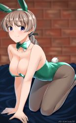 Rule 34 | 1girl, absurdres, ahoge, animal ears, blue eyes, blush, bow, bowtie, braid, breasts, brown hair, closed mouth, detached collar, fake animal ears, fake tail, green leotard, highres, hiroshi (hunter-of-kct), kneeling, large breasts, leotard, long hair, looking at viewer, lynette bishop, pantyhose, playboy bunny, playboy bunny, rabbit ears, rabbit tail, single braid, smile, solo, strapless, strapless leotard, strike witches, tail, world witches series