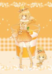 Rule 34 | 1girl, :d, :o, absurdres, arm behind head, blonde hair, blush, brown eyes, brown hair, chibi, collarbone, commentary request, cup, disposable cup, food, gradient hair, hand up, hat, high heels, highres, long sleeves, looking at viewer, multicolored hair, multiple views, off-shoulder shirt, off shoulder, open mouth, orange headwear, orange shirt, orange skirt, orange thighhighs, original, parted lips, pigeon-toed, plaid, plaid background, pudding, puffy long sleeves, puffy sleeves, shirt, shoes, skirt, smile, standing, striped clothes, striped thighhighs, thighhighs, tilted headwear, uzuki tsukuyo, vertical-striped clothes, vertical-striped thighhighs, white footwear