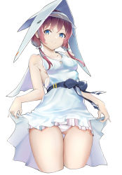 Rule 34 | 1girl, arknights, bare arms, bare shoulders, blue dress, blue eyes, blue sash, breasts, cropped legs, dress, gluteal fold, hat, highres, long hair, looking at viewer, low twintails, panties, purestream (arknights), purple hair, sash, short dress, simple background, skirt hold, sleeveless, sleeveless dress, small breasts, smile, solo, terebi (shimizu1996), thighs, twintails, underwear, white background, white panties