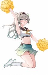 Rule 34 | 1girl, arm up, armpits, bare arms, black hairband, blush, breasts, cropped shirt, firefly (honkai: star rail), green skirt, grey hair, hair between eyes, hair ornament, hairband, highres, holding, holding pom poms, honkai: star rail, honkai (series), looking at viewer, medium breasts, miniskirt, pom pom (cheerleading), pom poms, ponytail, qoray7, sailor collar, shirt, shoes, skirt, sleeveless, sleeveless shirt, sneakers, solo, two-tone eyes, white background