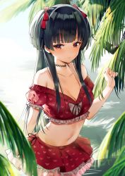 Rule 34 | 1girl, arms behind back, bare shoulders, black choker, black hair, blouse, blunt bangs, blush, bow, breasts, brown eyes, choker, cleavage, collarbone, commentary, cowboy shot, crop top, day, eyelashes, hair bow, hand up, heart, heart choker, highres, idolmaster, idolmaster shiny colors, long hair, looking at viewer, mayuzumi fuyuko, medium breasts, midriff, miniskirt, navel, orihi chihiro, outdoors, palm tree, red shirt, shirt, skirt, solo, standing, stomach, tree, two side up