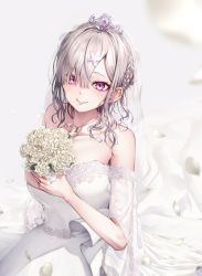 Rule 34 | 1girl, absurdres, bare shoulders, bouquet, braid, breasts, bridal veil, bride, closed mouth, collarbone, dress, fang, flower, french braid, hair between eyes, hair ornament, hair over one eye, highres, holding, holding bouquet, jewelry, long hair, looking at viewer, mole, mole under eye, momonoko noko, necklace, nijisanji, petals, purple eyes, ring, rose, see-through, silver hair, skin fang, smile, solo, strapless, strapless dress, sukoya kana, tiara, veil, virtual youtuber, wedding dress, wedding ring, white dress, white flower, white rose, x hair ornament