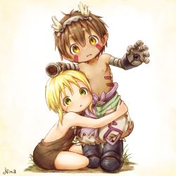 Rule 34 | 1boy, 1girl, absurdres, amputee, android, backless outfit, black hair, blonde hair, blush, brown eyes, child, facial mark, fang, green eyes, highres, hugging another&#039;s leg, looking at viewer, made in abyss, nina (maurururoa), nipples, open mouth, pants, regu (made in abyss), riko (made in abyss), short hair, sidelocks, signature, sitting, standing, tareme, topless male
