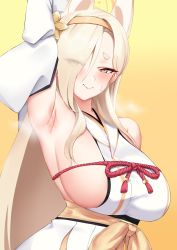 Rule 34 | 1girl, absurdres, animal ears, arm behind head, arm up, armpits, blonde hair, blue archive, blush, breasts, crimecrime, detached sleeves, fox ears, halo, highres, japanese clothes, kaho (blue archive), kimono, large breasts, long hair, rope, sash, sideboob, sleeveless, sleeveless kimono, smile, solo, white kimono, wide sleeves, yellow background, yellow eyes
