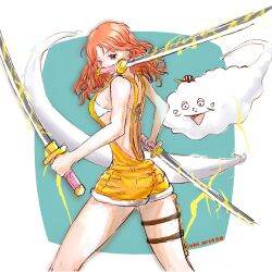 Rule 34 | 1girl, 1other, bikini, cloud, commentary request, cowboy shot, ebi art456, electricity, eyelashes, hat, highres, holding, holding sword, holding weapon, long hair, looking at viewer, looking back, multiple swords, nami (one piece), one piece, orange eyes, orange hair, orange overalls, overall shorts, overalls, smile, swimsuit, sword, thigh strap, twitter username, weapon, weapon in mouth, white bikini, zeus (one piece)
