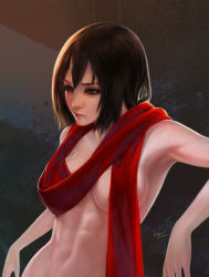 Rule 34 | 1girl, abs, armpits, black eyes, breasts, brown hair, censored, convenient censoring, expressionless, female focus, highres, leaning, looking away, mikasa ackerman, naked scarf, navel, nude, out-of-frame censoring, red scarf, scarf, scarf over breasts, shingeki no kyojin, shitub52, short hair, signature, solo, standing, toned, wayne chan