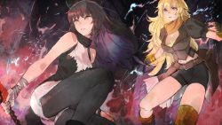Rule 34 | 2girls, belt, belt pouch, black bow, black gloves, black hair, black pantyhose, black shorts, blake belladonna, blonde hair, bow, breasts, brown belt, brown shirt, cleavage, clenched teeth, commentary request, end card, fingerless gloves, fire, floating hair, gloves, hair bow, highres, holding, holding weapon, kneeling, large breasts, long hair, looking ahead, medium breasts, midriff, multiple girls, navel, official art, on one knee, orange scarf, pantyhose, parted lips, pouch, puffy short sleeves, puffy sleeves, purple eyes, rwby, rwby ice queendom, scarf, second-party source, shirt, short shorts, short sleeves, shorts, standing, teeth, toi8, v-shaped eyebrows, wavy hair, weapon, white shorts, yang xiao long, yellow eyes