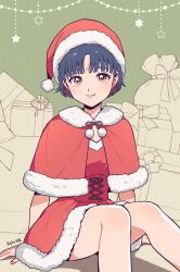 Rule 34 | 1girl, artist name, black hair, brown eyes, capelet, christmas, closed mouth, commentary, dress, fur-trimmed capelet, fur-trimmed dress, fur trim, gift, hat, highres, kdc (tamaco333), looking at viewer, ranma 1/2, red capelet, red dress, red hat, sack, santa dress, santa hat, shadow, short dress, short hair, signature, sitting, smile, solo, star (symbol), tendou akane