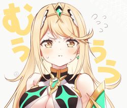 Rule 34 | 1girl, :t, bare shoulders, blonde hair, blush, breasts, chest jewel, cleavage, cleavage cutout, closed mouth, clothing cutout, dress, earrings, jewelry, large breasts, long hair, looking at viewer, mythra (xenoblade), pout, pouty lips, sephikowa, solo, sweat, sweatdrop, swept bangs, tiara, tsundere, xenoblade chronicles (series), xenoblade chronicles 2, yellow eyes
