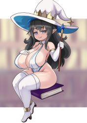 Rule 34 | 1girl, black hair, blue eyes, boots, breast suppress, breasts, curvy, detached collar, elf, gloves, gold trim, grin, hat, highres, huge breasts, leotard, long hair, nav (itsnav), original, pointy ears, shortstack, sitting on book, smile, solo, thigh boots, thighhighs, thighs, very long hair, wand, white gloves, white leotard, white thighhighs, witch hat