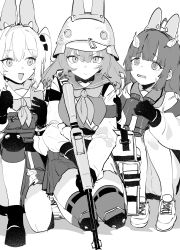 Rule 34 | 3girls, :d, @ @, absurdres, ahoge, animal ears, armband, assault rifle, binoculars, black footwear, black gloves, blue archive, breasts, cellphone, closed mouth, commentary, ddari, fake animal ears, gloves, greyscale, gun, helmet, highres, knee pads, kneeling, leaf, leaf on head, load bearing equipment, long hair, long sleeves, looking at viewer, medium breasts, medium hair, miyako (blue archive), miyu (blue archive), monochrome, multiple girls, neckerchief, on one knee, open mouth, pantyhose, phone, bulletproof vest, pleated skirt, rabbit ears, rifle, sailor collar, saki (blue archive), school uniform, skirt, smartphone, smile, squatting, tactical clothes, thighhighs, thighs, twintails, v-shaped eyebrows, weapon, white footwear