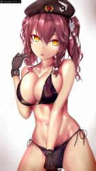 Rule 34 | 1girl, absurdres, bad id, bad pixiv id, beret, bikini, black gloves, breasts, cleavage, collarbone, franz (217franz), girls&#039; frontline, gloves, hair between eyes, hair ornament, hammer and sickle, hat, highres, large breasts, looking at viewer, navel, open mouth, purple bikini, purple hair, saiga-12 (girls&#039; frontline), side-tie bikini bottom, sidelocks, simple background, skindentation, solo, swimsuit, twintails, twitter username, upper body, white background, yellow eyes