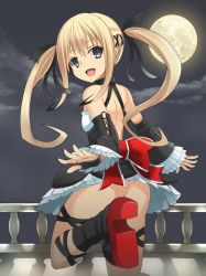 Rule 34 | 1girl, ass, bare shoulders, black eyes, black legwear, black ribbon, blonde hair, dead or alive, detached sleeves, dress, flat chest, gothic lolita, hair ribbon, lolita fashion, marie rose, moon, night, no panties, open mouth, ribbon, shamanwer, solo, twintails