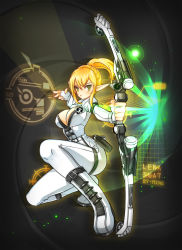 Rule 34 | 1girl, absurdres, alternate hair color, black background, blonde hair, bodysuit, bow (weapon), breasts, cleavage, elsword, expressionless, fingerless gloves, gloves, green eyes, highres, long hair, looking at viewer, ming (wldi0132), no nose, open clothes, open shirt, pointy ears, ponytail, rena erindel, shirt, sidelocks, solo, squatting, weapon, white gloves
