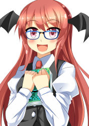 Rule 34 | 1girl, :d, bat wings, bespectacled, black dress, blue-framed eyewear, blush, book, hugging book, dress, e.o., glasses, head wings, highres, holding, holding book, hugging object, juliet sleeves, koakuma, long hair, long sleeves, necktie, open mouth, pink eyes, puffy sleeves, red hair, red necktie, simple background, smile, solo, touhou, upper body, very long hair, white background, wings