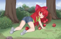 Rule 34 | 1girl, :d, all fours, apple, apple bloom, ass, blue sky, blush, bow, bucket, bush, child, day, denim, denim shorts, female focus, food, fruit, full body, green shirt, grey footwear, hair between eyes, hair bow, highres, leaf, long hair, looking back, my little pony, my little pony: friendship is magic, on ground, open mouth, orange eyes, outdoors, personification, pestil, red bow, red hair, rock, shirt, shoe soles, short sleeves, shorts, sky, smile, socks, solo, sweatdrop, t-shirt, teeth, tree, upper teeth only, wooden bucket