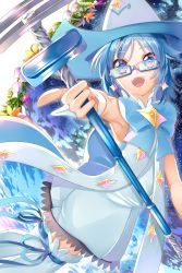 Rule 34 | 1girl, :d, absurdres, armpits, blue-framed eyewear, blue dress, blue eyes, blue hair, blue neckwear, blue ribbon, blue thighhighs, dress, earrings, glasses, hair between eyes, highres, holding, holding staff, houkago no pleiades, index finger raised, jewelry, open mouth, outstretched arm, parted bangs, rectangular eyewear, ribbon, short dress, short hair, sleeveless, sleeveless dress, smile, solo, staff, thighhighs, wrist cuffs, yuutarou (fukiiincho)
