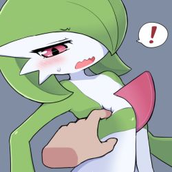 Rule 34 | !, 1girl, blush, bob cut, colored skin, creatures (company), disembodied limb, embarrassed, female focus, flat chest, game freak, gardevoir, gen 3 pokemon, green hair, green skin, grey background, hair over one eye, half-closed eyes, looking down, multicolored skin, nintendo, one eye covered, open mouth, pokemon, pokemon (creature), poking, red eyes, rmtwo, shiny skin, short hair, simple background, solo focus, speech bubble, spoken exclamation mark, surprised, sweat, two-tone skin, upper body, wavy mouth, white skin