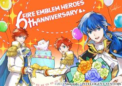 Rule 34 | 3boys, anniversary, ascot, balloon, birthday cake, blue cape, blue eyes, blue flower, blue hair, blue rose, bouquet, cake, cape, commentary request, copyright name, cosplay, eliwood (fire emblem), eliwood (groom) (fire emblem), english text, epaulettes, father and son, feh (fire emblem heroes), fire emblem, fire emblem: genealogy of the holy war, fire emblem: the binding blade, fire emblem: the blazing blade, fire emblem heroes, flower, food, frilled sleeves, frills, gloves, hair between eyes, headband, heart, jacket, long hair, long sleeves, looking at viewer, male focus, multiple boys, multiple girls, nintendo, official alternate costume, official art, open clothes, open jacket, orange flower, orange hair, orange rose, ponytail, rose, roy (fire emblem), roy (groom) (fire emblem), seliph (fire emblem), signature, sigurd (fire emblem), sigurd (fire emblem) (cosplay), smile, teeth, upper teeth only, wada sachiko, white ascot, white gloves, white headband, white jacket, yellow flower, yellow rose