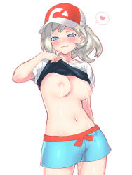 Rule 34 | 1girl, baseball cap, blue eyes, blush, breasts, closed mouth, clothes lift, collarbone, commentary request, creatures (company), cropped legs, elaine (pokemon), game freak, grey hair, hat, heart, lactation, lifting own clothes, looking at viewer, medium breasts, navel, nintendo, nipples, ooshio7734, pokemon, pokemon lgpe, shirt, shirt lift, short shorts, short sleeves, shorts, simple background, solo, spoken heart, standing, white background