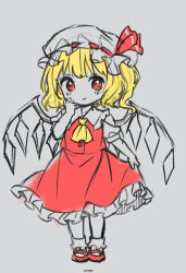 Rule 34 | 1girl, :&gt;, ama-tou, ascot, blonde hair, bobby socks, closed mouth, collared shirt, commentary request, crystal, flandre scarlet, frilled skirt, frills, full body, grey background, grey hat, grey shirt, grey socks, hand up, hat, highres, mob cap, one side up, puffy short sleeves, puffy sleeves, red eyes, red footwear, red skirt, red vest, shirt, shoes, short sleeves, simple background, sketch, skirt, skirt hold, smile, socks, solo, standing, touhou, vest, wings, yellow ascot